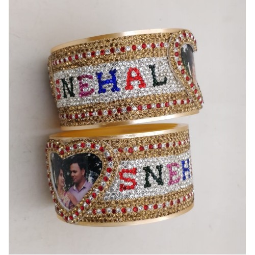 Couple picture bangles with heart shape and multi colour font 